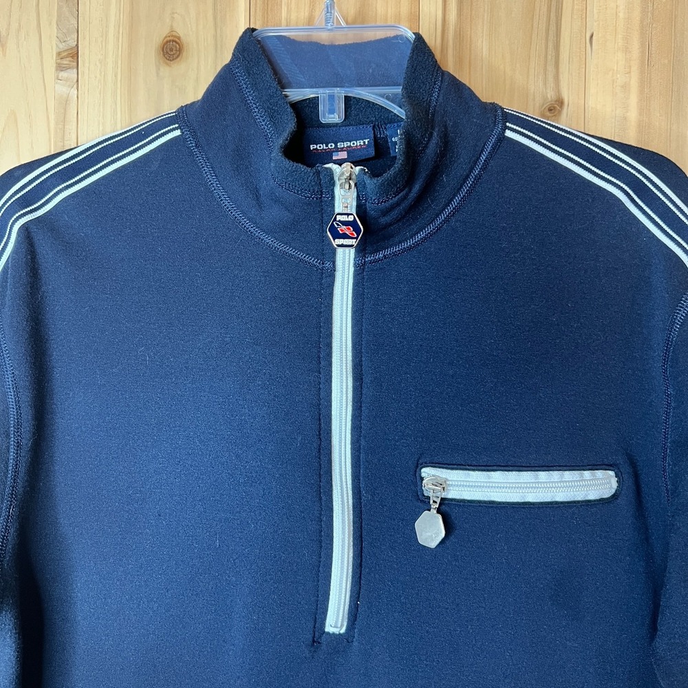 Polo Sport Ralph Lauren Navy Blue Quarter Zip Pullover Sweater USA L Stripe Trim - Picture 2 of 9